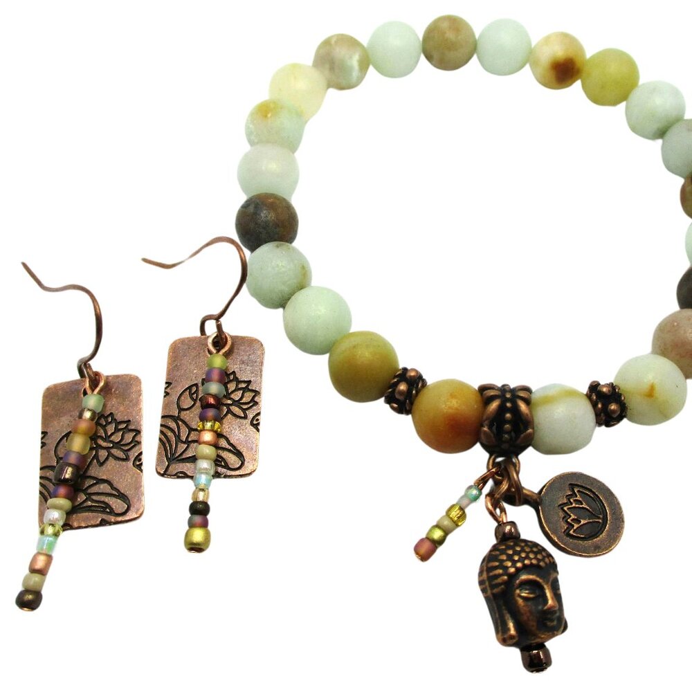 Buddha & Lotus Flower 8.5mm Amazonite Bead, 7 in. Bracelet & Earrings Set